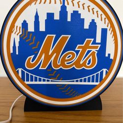 Lámpara LED con Logo de New York Mets - Letrero Luminoso Impreso en 3D para Escritorio o Cueva de Hombre (Man Cave) - Regalo para Fans del Béisbol - A
