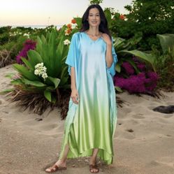 Winlar Goddess Long Satin Caftan - Aqua (blue/green ombré)