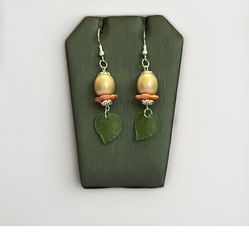 Handcrafted Green Glass Leaf Drop Earrings Floral Bead Dangle Silver Fall Vibe