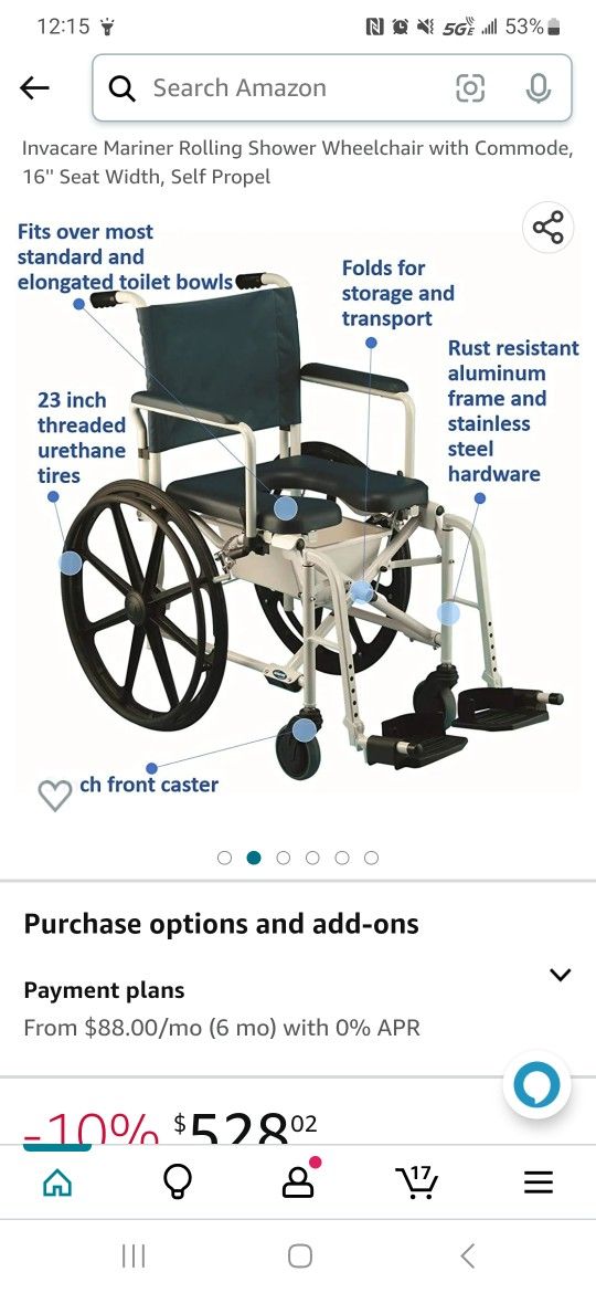 Brand New In Open Box Invacare Mariner Rolling Shower Wheelchair with Commode, 16'' Seat Width, Self Propelled. Model 6795.