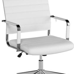 Yaheetech White Desk Chairs with Wheels/Armrests Modern PU Leather Office Chair Midback Adjustable Home Computer Executive Chair 360° Swivel