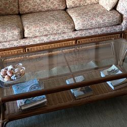 Vintage Rattan And Glass Coffee Table 