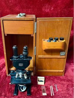 Antique Spencer Model 44 Microscope Buffalo USA w/ Wood Case, Accessories