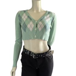 Debut Women Diamond Pattern Cardigan Sweater Long Sleeve V-Neck Cropped Knit Tops Size M/L