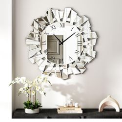 SHYFOY Silver Wall Clock – 23.62" Large Modern Mirror Clock with Roman Numerals, Luxury Art Wall Deco for Living Room, Bedroom and Dining Room