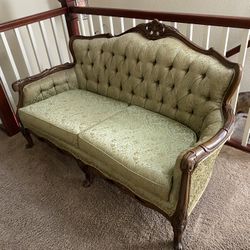 Green Tufted Back Sofa With Cherry Wood Trim 