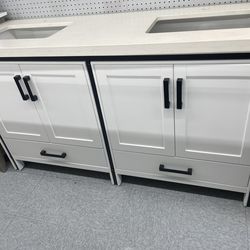 Bathroom vanity cabinet 60” solid birch quartz top with sinks and backsplash