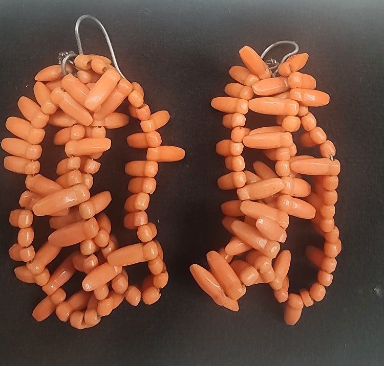 Pink real coral fringe drop earrings, Large, Unique, Vintage