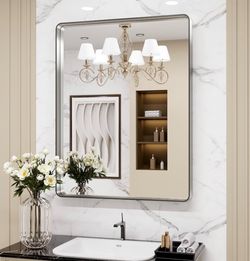 20X30 Inch Brushed Nickel Bathroom Mirror, Rounded Rectangle Silver Metal Frame Mirror, Brushed Nickel, Anti-Rust, Shatter Proof, Hangs Horizontally O
