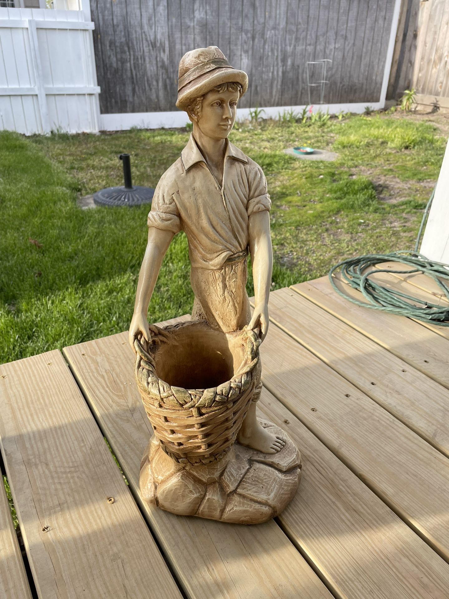 Vintage Chalkware Marwal Ind. Inc. Man with Basket Planter Statue Pot