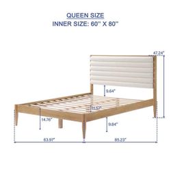 Solid Wood Bed Frame With Chenille Upholstered Headboard Bed, Queen