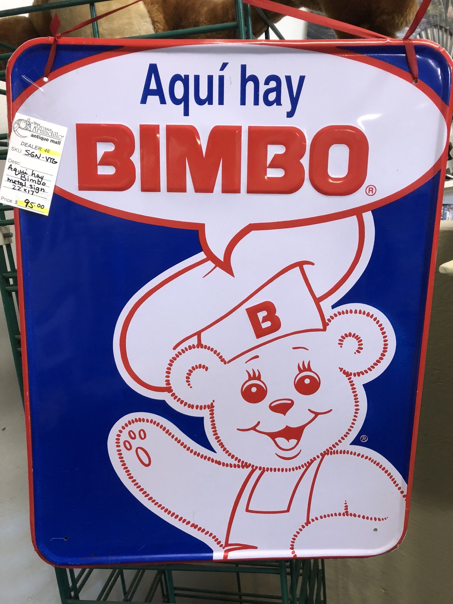 Rare vintage Aqui Hay Bimbo metal bakery sign 22x17”