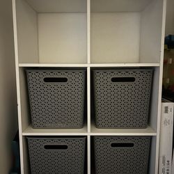 Storage With 6 Grey Containers 