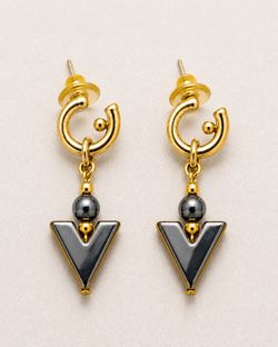Vintage Hematite Geometric Unisex Dangle Earrings Gunmetal Gray Gold Tone Modernist Art Deco Style 2” Lizzadro Museum