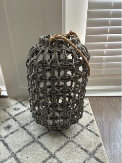 Gray Woven Rattan Lantern with Rope Handle