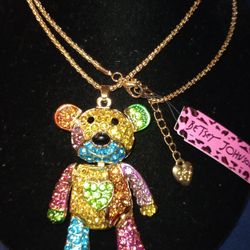 NWT Betsey Johnson Multicolored Rhinestone Bear Necklace 