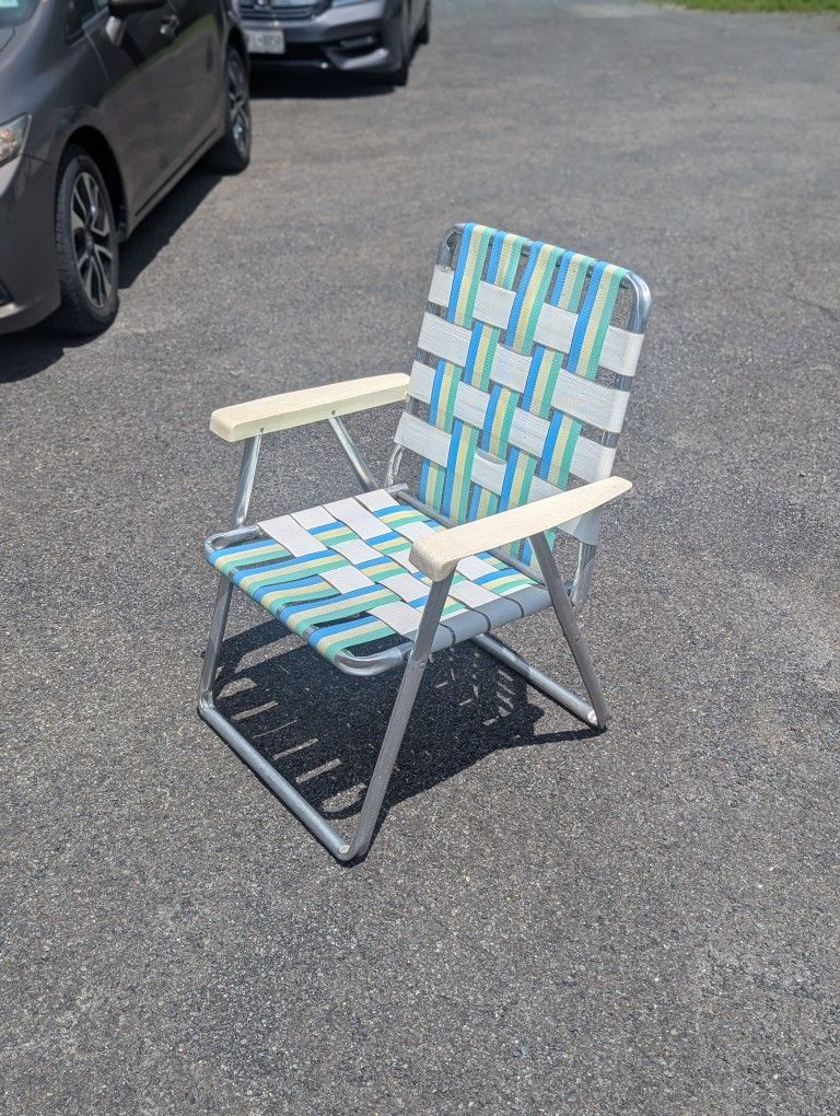Vintage Aluminum Webbed Folding Lawn Chair - White Green Blue Retro