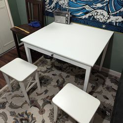 IKEA White Drop Leaf Table and Two Stools / Chairs