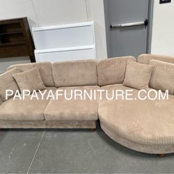New! 125” Large Sectional With Round Chaise, Corduroy Sectional, Brown Sectional, Camel Brown Sofa, Sectional, Couch, Modern Couch, Plush Sectional 