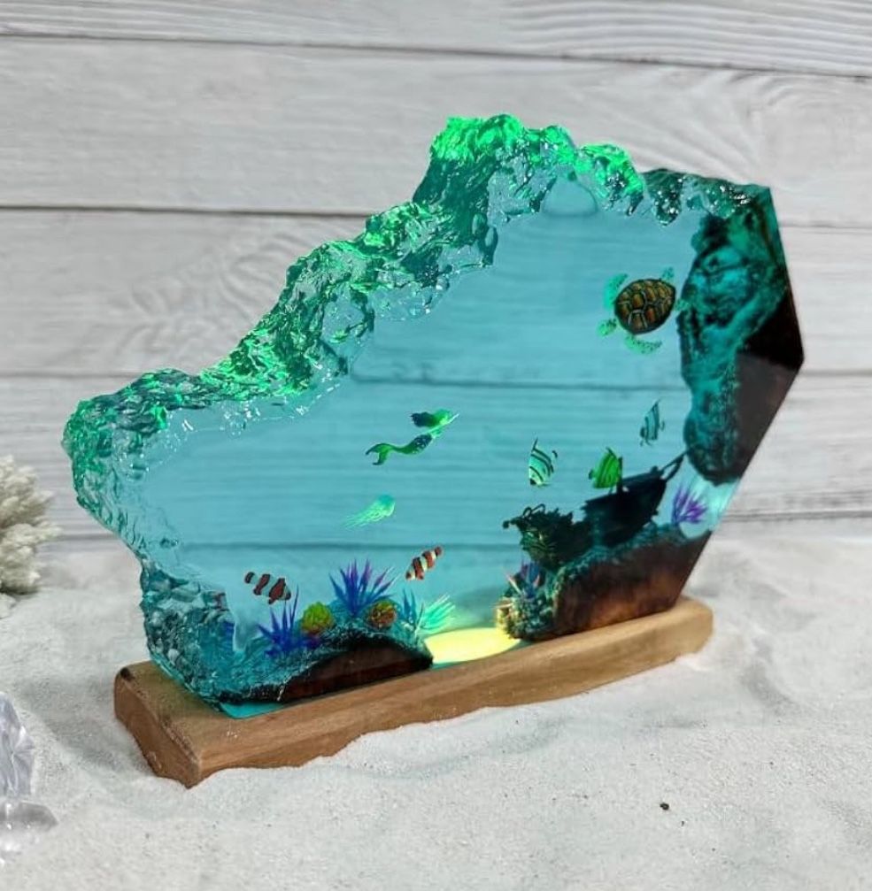 Handmade Epoxy Resin Little Mermaid W/Clown Fish Underwater Night Lamp9x7 Larger Size