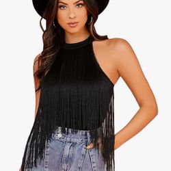 Verdusa Women's Fringe Trim Sleeveless Bodycon Halter Bodysuit Top