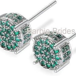 Exquisite Micro Pave 14K White Gold Plated Emerald Cubic Zirconia Men Women Cluster Stud Earrings 