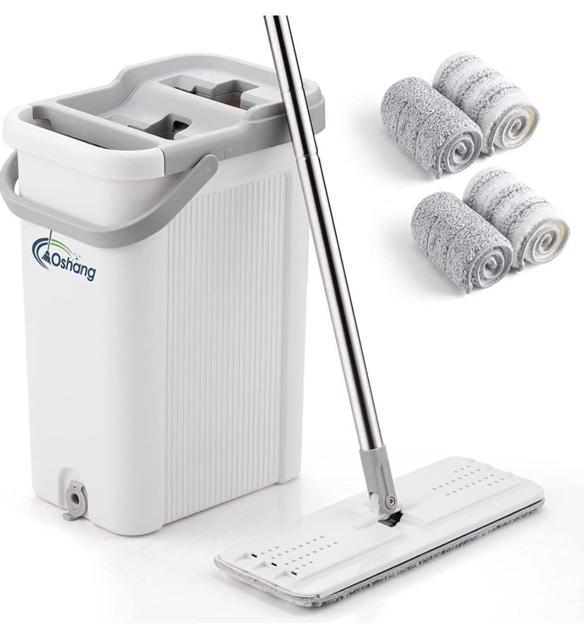 oshang Flat Floor Mop and Bucket Set for Home Floor Cleaning, Hands Free Floor Flat Mop, Stainless-Steel Handle, 4 Washable & Reusable Microfiber Pads