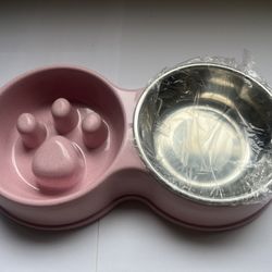 Double Pet Dog Slow Feeder Bowl,Stainless Steel Anti-Choke Puppy Food and Water 