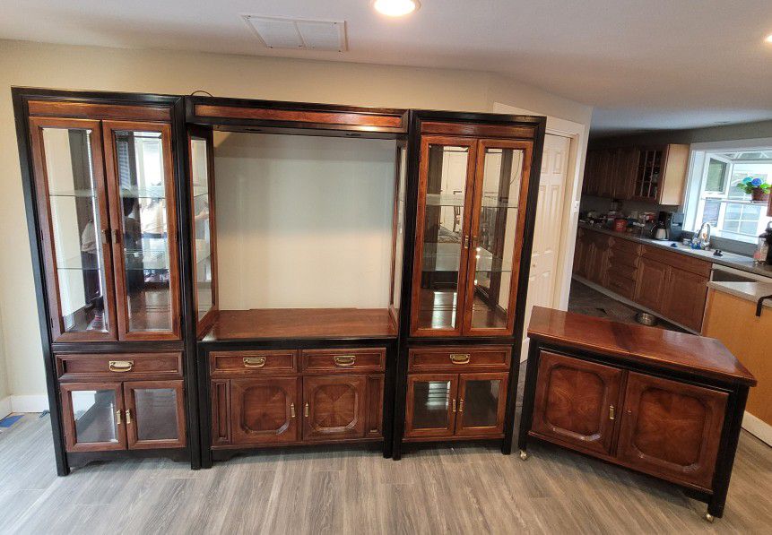 Beautiful Thomasville Lighted Display Cabinets With Rolling Bar Cart.