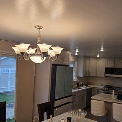 Hanging light fixture, chandelier includes 8 LED bulbs