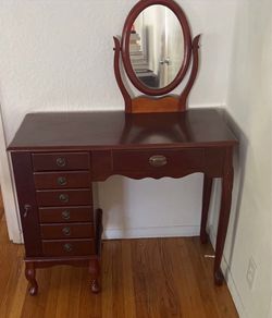 Wood Vanity Desk with Mirror and Drawers