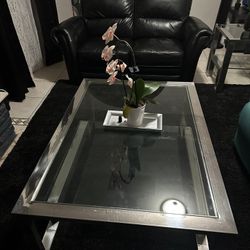 Two. Coffee tables for living room, a black reclining leather armchair Plants Do Not Include