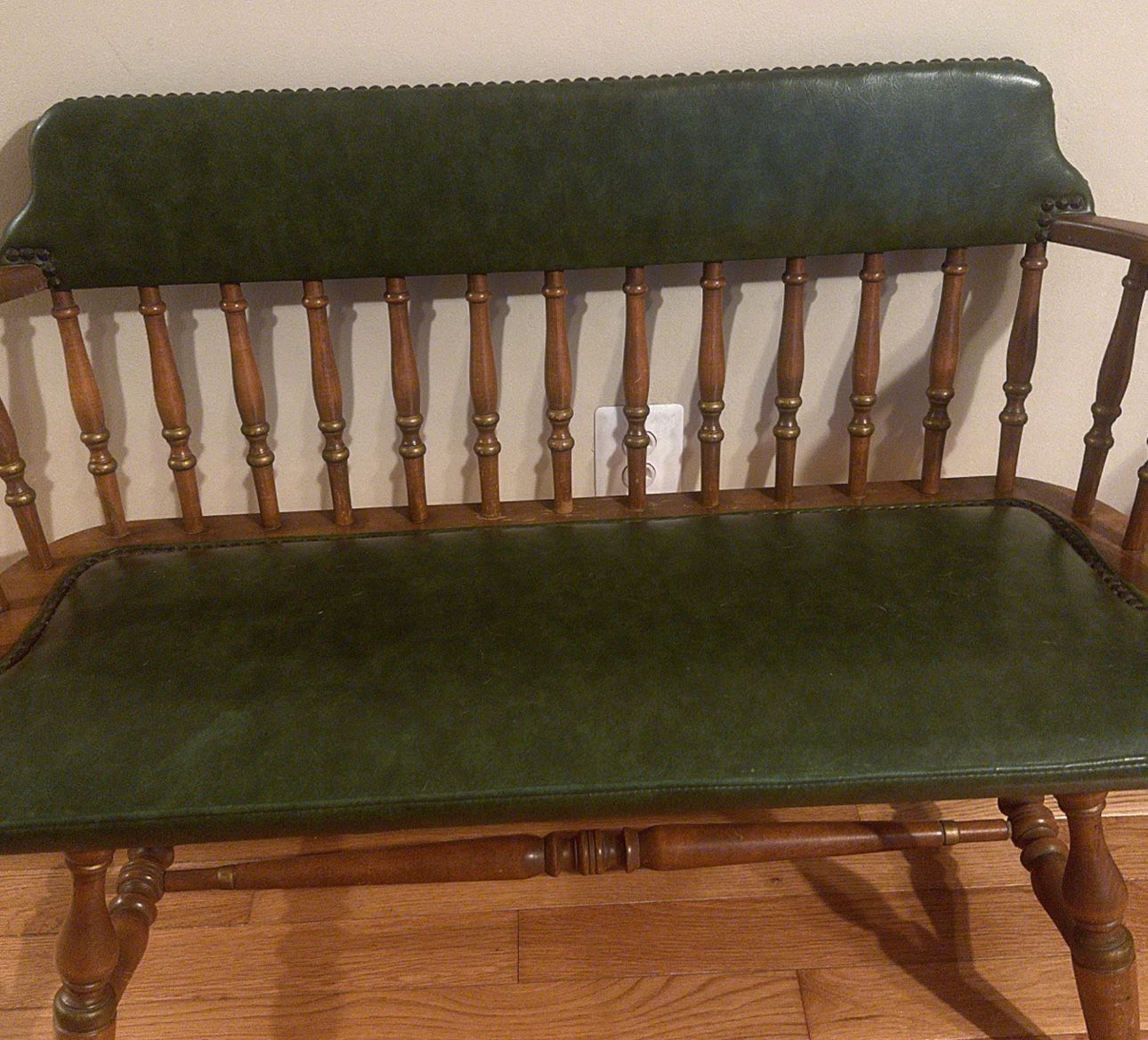Small Green Leather Sofa Bench With Wood Arms 