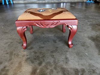 Vintage  wood,foot stool  with hand made floral needlepoint upholstery. On top .