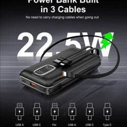 new Portable Charger, 20000mAh 22.5W Fast Charging Power Bank with Built in USB-C,USB-A& iOS Cable,Battery Backup for iPhone 16 15 14 13, Samsung, iPa