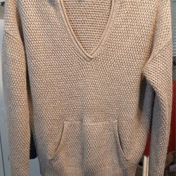 Vintage New York & Company Taupe/Tan V-Neck Knit Hoodie w/ Front Pocket (M)
