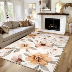 8x10 Washable Nonslip Low Pile Faux Wool Area Rug, Beige Watercolor Floral, NEW. $65 ea or 2/$115