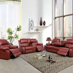 Red Leather Fully Reclining Three Piece Couch Set