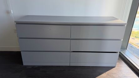 IKEA Gray Malm Dresser, Two Gray Nightstands, and Hanging Light