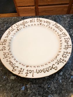 Rare Christmas Gold Band and writing 12 inches wide plate by 10 Strawberry Street Mono, Bangladesh.  Says “ Peace on Earth, Joy to the World, Let it s
