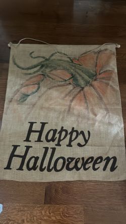 New Pottery Barn HALLOWEEN Burlap Sign Flag Fall Pumpkin 30 X 37”