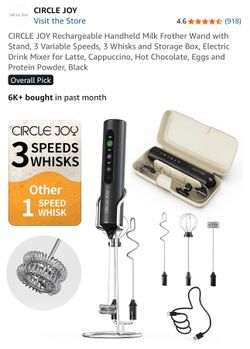 CIRCLE JOY Rechargeable Handheld Milk Frother Wand with Stand, 3 Variable Speeds, 3 Whisks and Storage Box, Electric Drink Mixer for Latte, Cappuccino