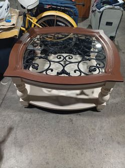 Glass Top Coffee Table, Black Scroll Iron, Cream Legs, Lower Shelf