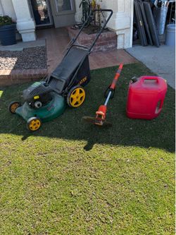 Lawn mower, edger, and gas can