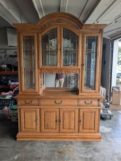 Oak China Cabinet Hutch with Glass Doors