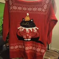Large Women's Red Turtleneck Christmas Sweater – Black Cat in Ugly Sweater with Gold Glitter Hat & Pom Poms – Size [Add Size] – $15