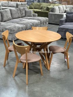 New! Natural Wood Dining Set, 5pcs Dining Set, Round Dining Table And Chairs, Table, Chairs, Kitchen Table, Casual Dining Set, Dinette Set,Round Table