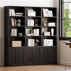 Bookshelf and Bookcase with Doors, Floor Standing 6-Tier Shelf Display Storage Shelves, Tall Bookcases for Home Office, Living Room, Black