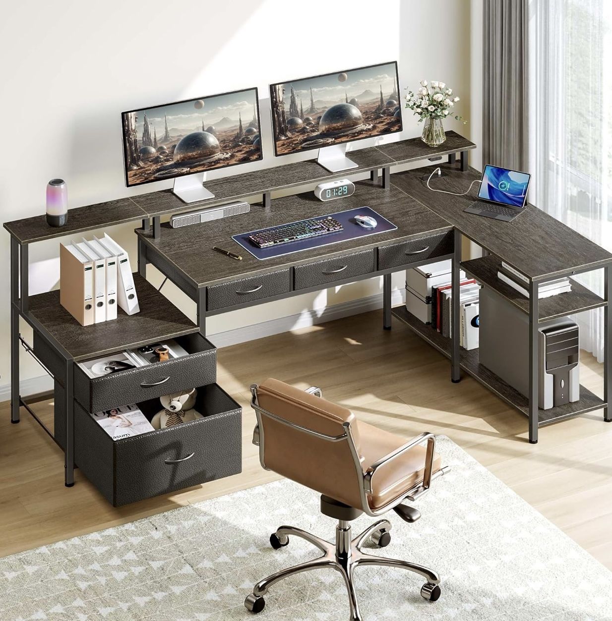 L Shaped Desk with File Drawers