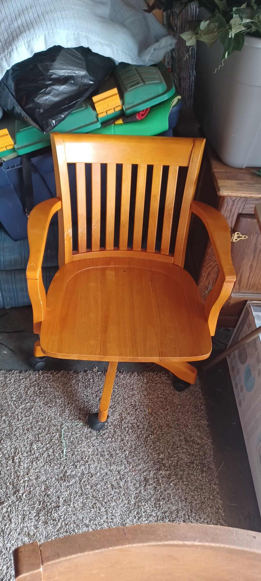Vintage Yellow Oak Wood Rolling Desk Chair With Full Back Support And